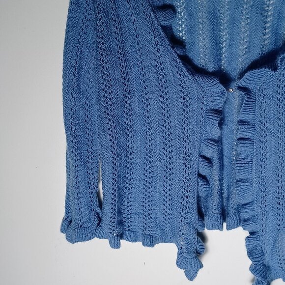 Vintage Knit Cardigan Sweater Womens Large Blue Cottagecore Ruffles Feminine - Picture 3 of 9